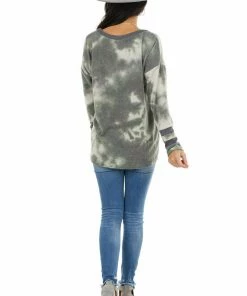 Vanilla Bay Hunter Green Tie Dye Long Sleeve Ribbed Hemline Knit Top Tops