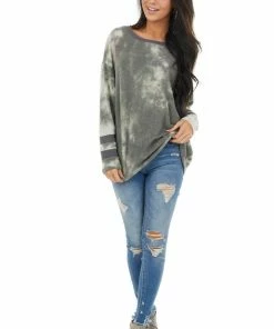 Vanilla Bay Hunter Green Tie Dye Long Sleeve Ribbed Hemline Knit Top Tops