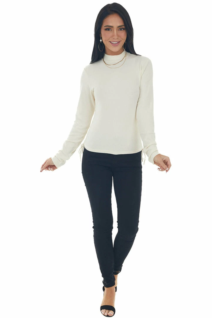 She + Sky Cream Ruched Brushed Ribbed Knit Fitted Top 14 She + Sky Cream Ruched Brushed Ribbed Knit Fitted Top