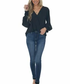 Vine & Love Black Surplice Long Sleeve Bubble Hem Blouse 22 Vine & Love Black Surplice Long Sleeve Bubble Hem Blouse