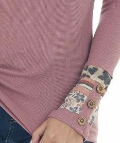 Lovely Melody Mauve Waffle Knit Top With Multiprint Cuff Tops