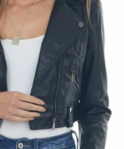 Coalition Black Faux Leather Hooded Cropped Moto Jacket