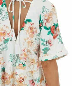 Entro Tops Off White Floral Print V Neck Babydoll Top