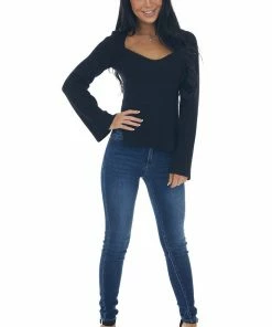 Do + Be Tops Black Flare Sleeve Side Slit Ribbed Sweater