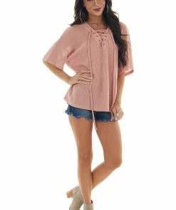 Ces Femme Coral Loose Knit Top With Lace Up V Neckline Tops 13 Ces Femme Coral Loose Knit Top With Lace Up V Neckline Tops