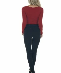 Nikibiki Cranberry Ribbed Long Sleeve Surplice Crop Top Tops