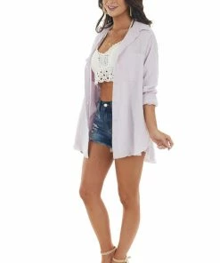 La Miel Tops Thistle Button Up Top With Frayed Edges Detail
