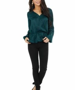 Caramela Pine Green Satin Surplice Blouse With Elastic Ruffle Hemline Tops