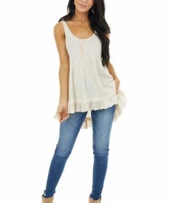 ANGIE Heathered Oatmeal Knit Tank Top With Ruffle Details