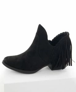 Brand Headquarters Black Plunging Ankle Booties With Fringe Shoes