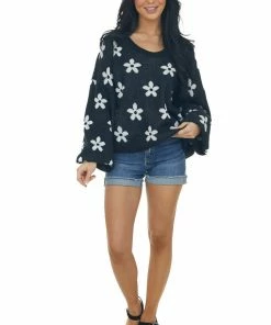 Peach Love Black And Ivory Daisy Print Sweater