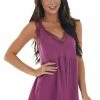 BiBi Tops Plum Melange Lace Trim Babydoll Knit Tank Top