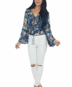 Nostalgia Tops Navy Floral Print Blouse With Long Sleeves