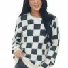 Miss Sparkling Tops Black And Ivory Checkered Fuzzy Sweater