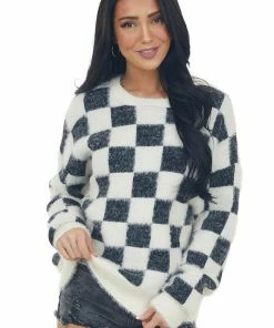 Miss Sparkling Tops Black And Ivory Checkered Fuzzy Sweater