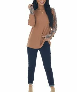 BiBi Camel And Floral Waffle Knit Long Sleeve Top Tops