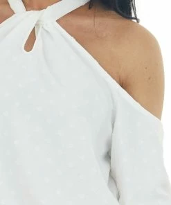 143 Story Ivory Swiss Dot Cold Shoulder Halter Blouse Tops