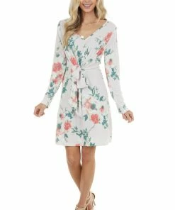 Bluivy Light Blush Floral Long Sleeve Mini Dress With Front Tie Dresses