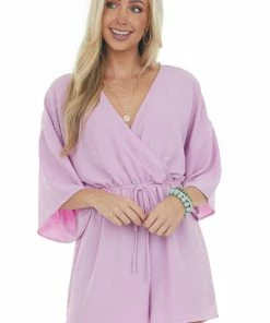 143 Story Orchid 3-4 Kimono Sleeve Romper With Elastic Waistline