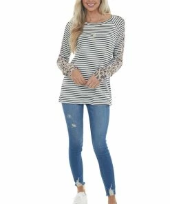 Haptics Ivory Striped Knit Top With Leopard Contrast