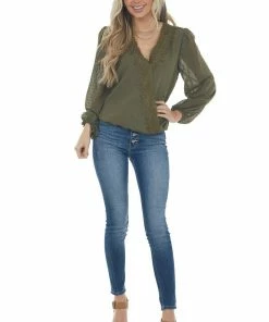 Miss Sparkling Tops Olive Swiss Dot Bubble Sleeve Woven Lace Top