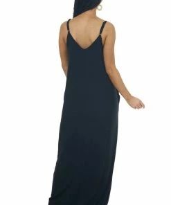 ZENANA Dresses Black Sleeveless Knit Maxi Dress With Pockets