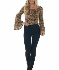 Ces Femme Camel And Sepia Leopard Flare Sleeve Top Tops