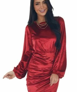 Main Strip Dresses Cherry Velvet Mini Dress With Surplice Back And Tie Detail