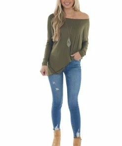 FSL APPAREL Tops Olive Long Sleeve Stretchy Knit Top With Boat Neckline