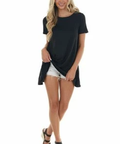 EC COLLECTION Black Short Sleeve Tunic Top With Side Pockets