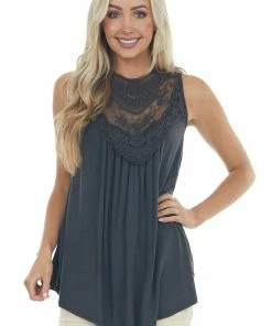 CY Fashion Faded Black Flowy Sleeveless Top With Sheer Crochet Details