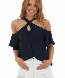 143 Story Black Cold Shoulder Blouse With Criss Cross Halter Neck
