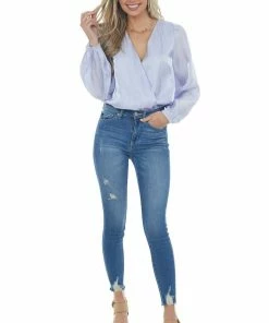 Entro Tops Periwinkle Surplice Shimmery Bodysuit