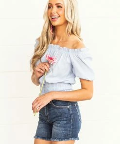 143 Story Tops Powder Blue Ruched Waist Textured Bodysuit