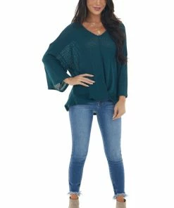 First Love Tops Teal Flowy Sleeve Waffle Knit Front Knot Top