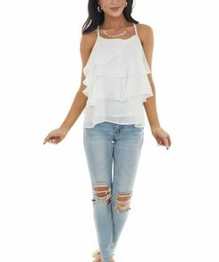 Entro White Thread Printed Sleeveless Ruffle Blouse With Racerback Tops