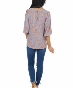 Gilli Lilac Floral Pattern 3/4 Sleeve Top With Back Keyhole Detail Tops