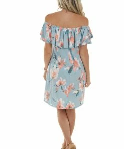 Sweet Lovely Sky Floral Off Shoulder Overlay Mini Dress Dresses