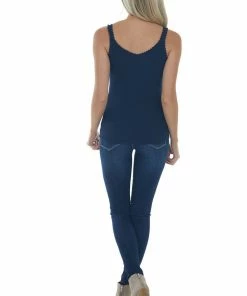 ANGIE Navy Ribbed Knit Tank Top With Button And Lace Trim Details Tops