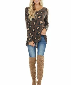 BiBi Chocolate Leopard Print Round Neck Long Sleeve Knit Top Tops