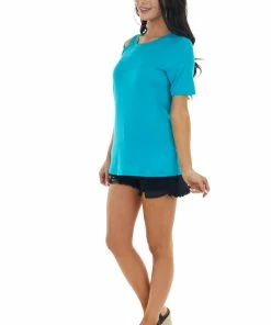 BiBi Tops Vivid Sea Blue One Caged Sleeve Soft Short Sleeve Knit Top