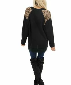 Umgee Tops Black Long Sleeve Top With Leopard Print Detail On Shoulders