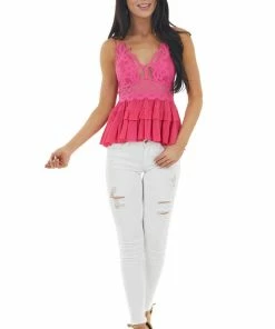 ZENANA Fuchsia Lace Peplum Ruffled Tank With Criss Cross Straps 32 ZENANA Fuchsia Lace Peplum Ruffled Tank With Criss Cross Straps