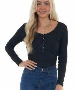 Doe & Rae Black Long Sleeve Ribbed Knit Bodysuit Tops