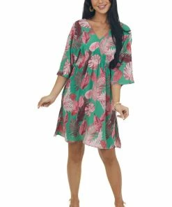 Entro Jade And Hibiscus Leaf Print Half Sleeve Dress