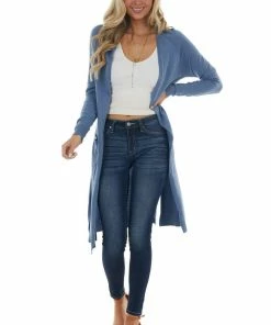Style Melody Dusty Blue Longline Open Front Knit Cardigan Tops