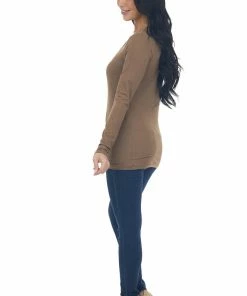 ZENANA Coffee Solid Soft Knit Top With Long Sleeves