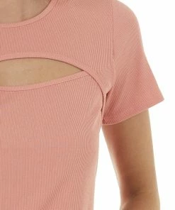BOMBOM Salmon Ribbed Knit Short Sleeve Top With Chest Cutout Tops
