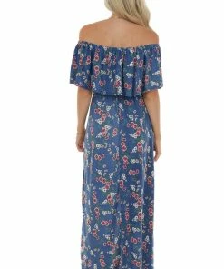 Celeste Design Navy Floral Print Ruffle Overlay Maxi Dress Dresses 16 Celeste Design Navy Floral Print Ruffle Overlay Maxi Dress Dresses