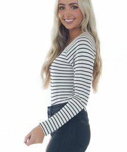 143 Story Ivory And Black Striped Henley Style Bodysuit Tops 13 143 Story Ivory And Black Striped Henley Style Bodysuit Tops